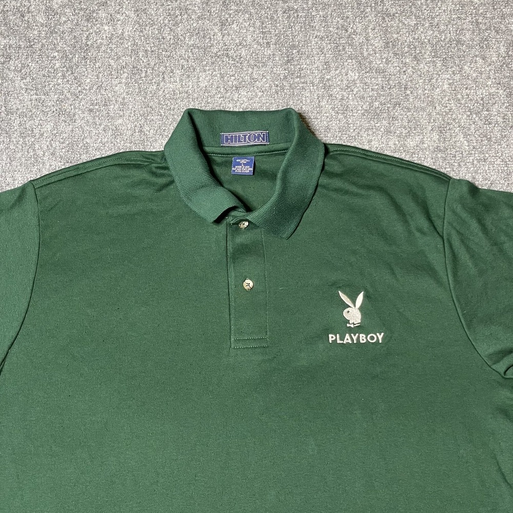 Playboy Shirt Men's Large Green Polo Bunny Vintage Hilton Hotels Tag USA Made